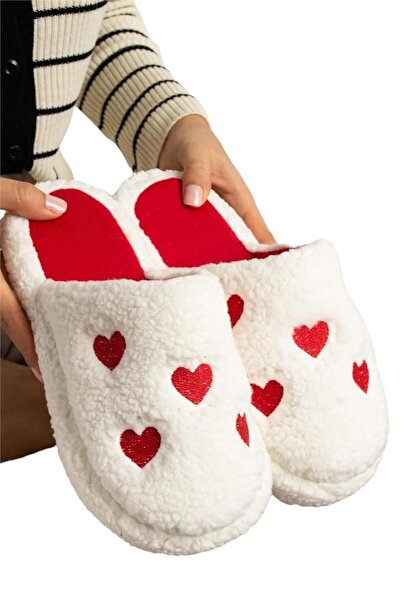 Liger Embroidery Detailed Women's House Slippers - Dowry Bundle, Valentine's Day White - Red