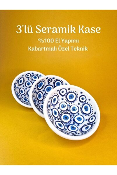 Tuana Trend 3'lü Çini Kase Motifli Seramik Kase Sunumluk & Çerezlik %100 El Yapımı