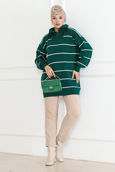 DESTEMODA Tunica tricotată cu dungi cu fermoar la guler verde smarald 1004