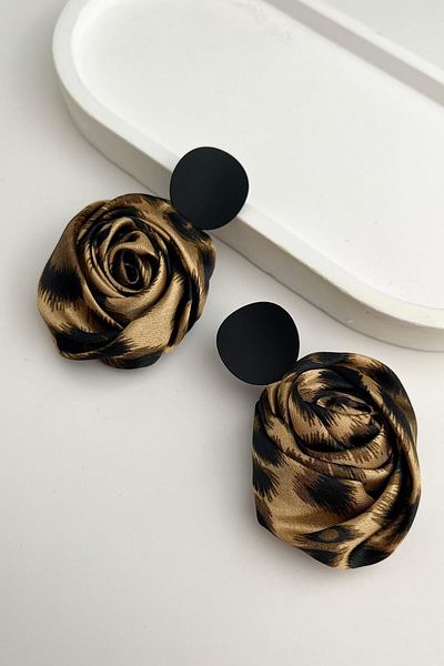 Modex Satin Leopard Rose Dangle Earrings (8cm)