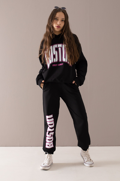 Cansın Mini Μαύρη φόρμα Boston Letter με κουκούλα για κορίτσια 19757