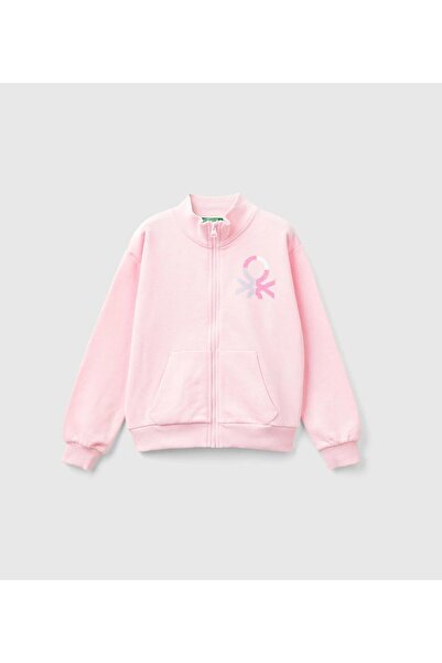 United Colors of Benetton Светлорозов суичър за момиче - щамповано лого, джоб...