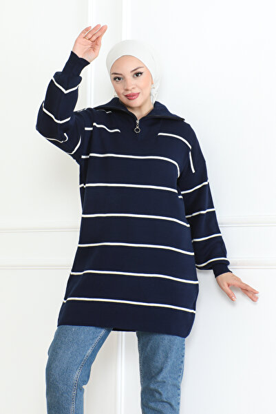 DESTEMODA سترة تريكو مخططة بياقة بسحاب أزرق داكن 1004