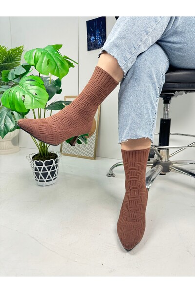 Nstil Günlük Kadın Taba Bot Yüksek Ince Topuklu Triko Esnek Sivri Burunlu Tırtıklı Taban Rahat Bootie 170