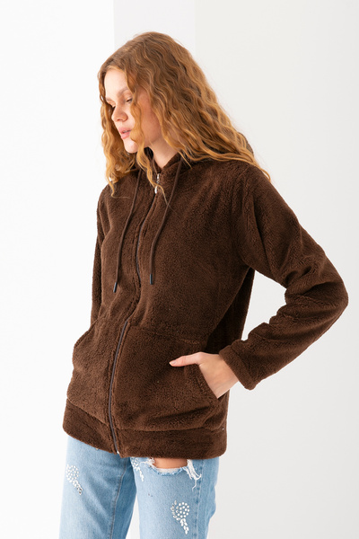EtkiModa Women's Brown Long Sleeve Hooded Unlined Plush Jacket