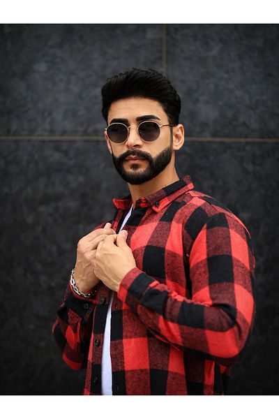 Esra Butik Hane Men's Cotton Winter Lumberjack Shirt Red Black Plaid Pattern Checked Jacket