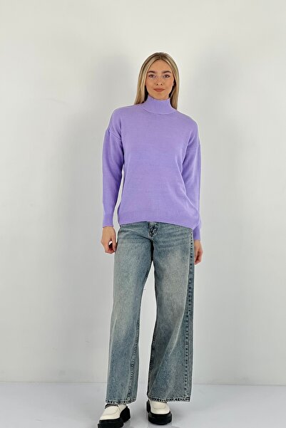 Miss Poem Women's High-Top Turtleneck Long Winter Lilac Knitwear Sweater