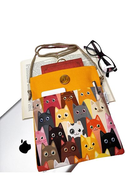 Smyrna Hanging - Book / Tablet / Ebook Bag - Detachable Strap (Cats, Yellow)