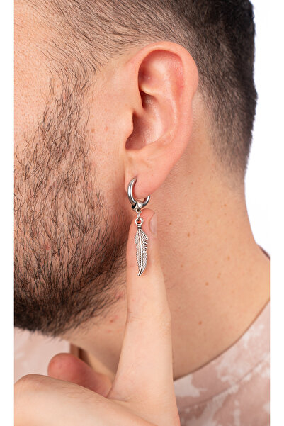 Piercing Market Steel & Silver Erkek Çelik Halka Sallantılı Yaprak Küpe Paslanma Kararma Yapmaz