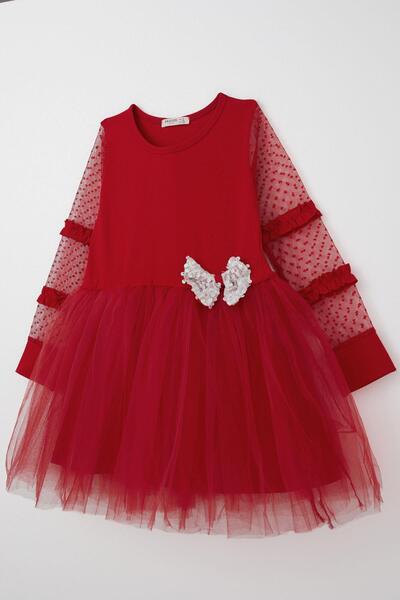 Breeze Girls' Long Sleeve Dress Sleeves Tulle with Bow Accessories Tulle 5-10 Years, Red