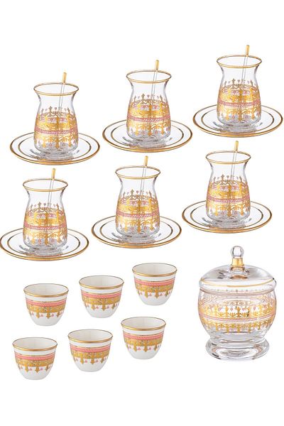 Byblos Turkish tea & coffee set, 25 pcs,  6 tea cups 6 tea saucers 6 coffee cups 6  spoon 1 sugar spoon