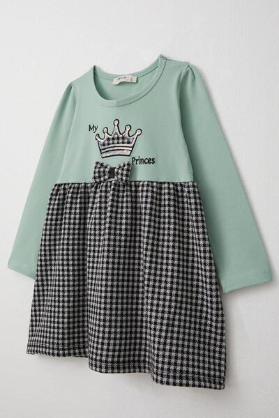Breeze Water Green 2-6 Years Old Girls' Dress - Long Sleeve, Embroidered Bow, Presnes Detail
