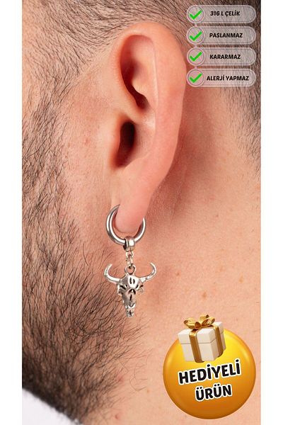 Piercing Market Steel & Silver Men's Unisex Steel Jewelry Dangle Bull Figured Hoop Model Earrings Does Not Darken Rust