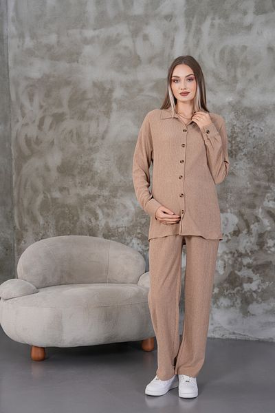 Miss Dünya Lissa Pregnant and Maternity Bottom Top Set with Front Button Shirt Collar Winter Wrapped Fabric Pockets