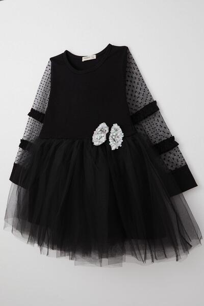 Breeze Kız Çocuk Uzun Kollu Elbise Kolları Tül Fiyonk Aksesuarlı Tüllü 5-10 Yaş, Siyah