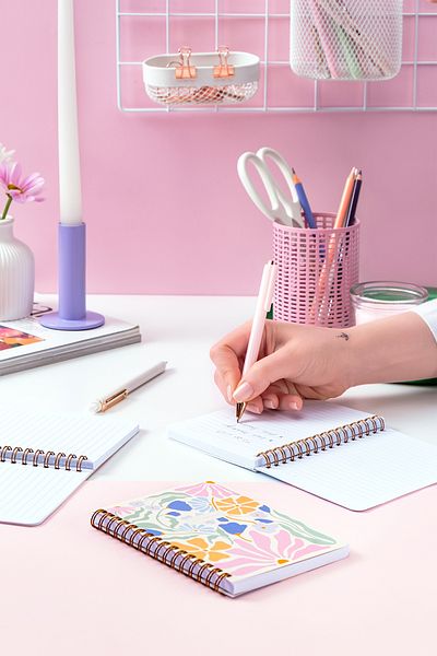 PAPERORA Pocket Size 10X14 cm Spiral Lined Cardboard Cover 3-Piece Notebook Set Daisy Butterfly Flowers