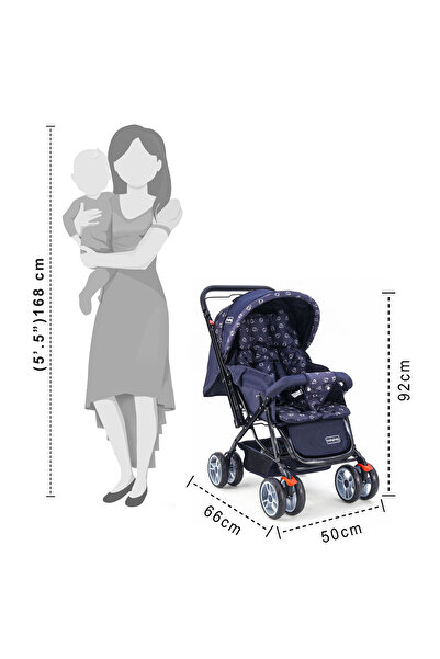 Babyhug Babyhug Comfy Ride Stroller - Reversible Handle, Multi-Recline, Dark Blue, 0-3 Years