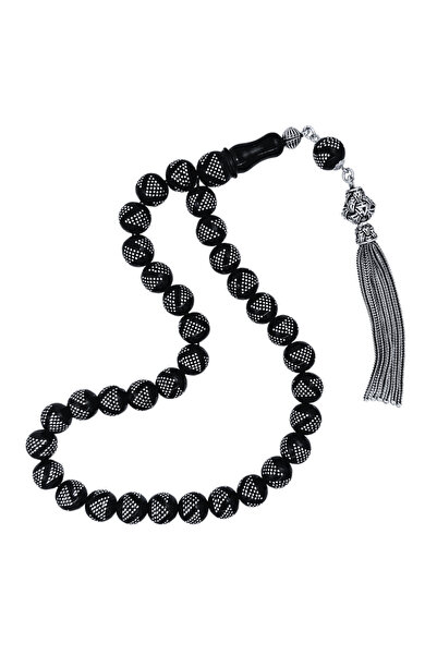 OltutaşıMarket Gümüş Piramit İşlemeli Gümüş Püsküllü Oltu Tesbih