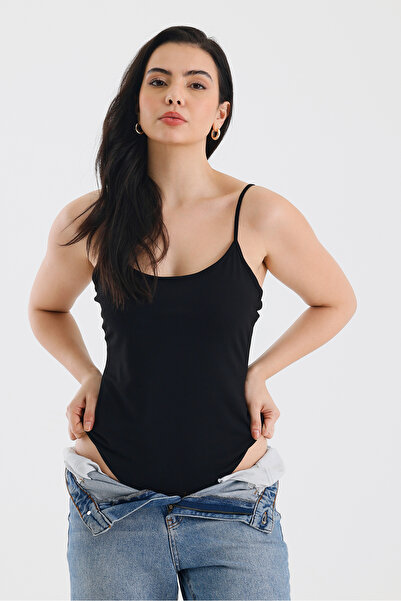 ZACHARIUZ Siyah Askılı Siyah Degaje Yaka Çıtçıtlı Zıbın