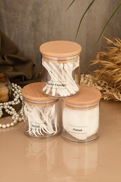 Böğürtlen Home 3'lü Etiketli Ahşap Kapaklı Banyo Düzenleyici Kulak Pamuğu Diş Ipi Makyaj Pamuğu Organizer Pamukluk