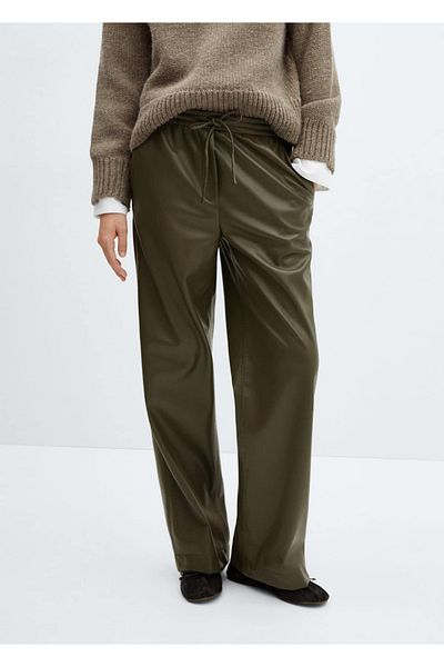 MANGO Woman Leather Look Elastic Waist Trousers