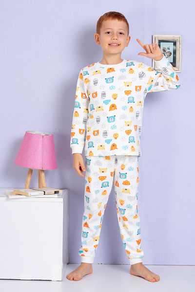 elmas kids Boys and Baby Orange-Ecru Cute Forest Animals Print 100% Cotton Pajamas Set