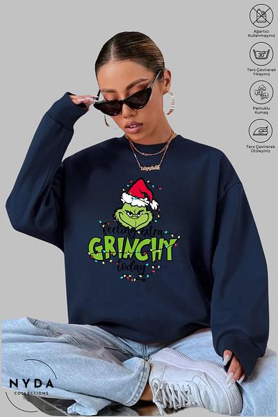 Nyda Collections Унисекс суитшърт с дълъг ръкав, коледен щампа Feel Grinch и кръгло деколте, без качулка и повдигнати елементи