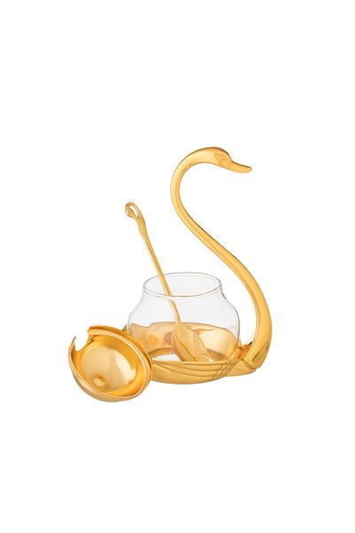 Dania Glass Sugar Bowl With Metal Swan Decorative Holder + Metal Spoon