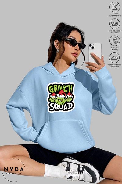 Nyda Collections Hanorac cu glugă unisex cu imprimeu de Crăciun de Anul Nou Grinch - mânecă lungă, raster, bumbac supradimensionat