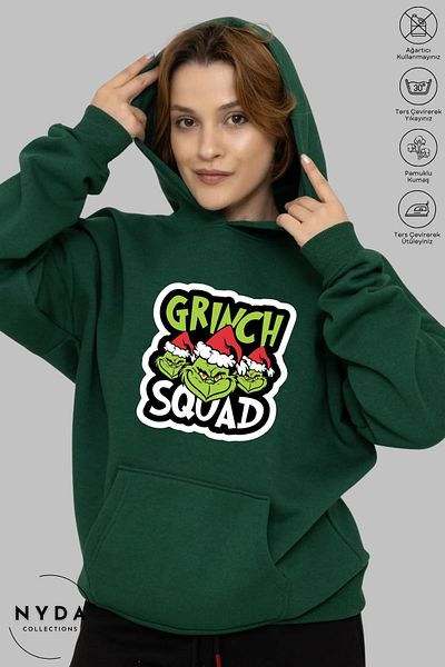 Nyda Collections Grinch Πρωτοχρονιάτικο χριστουγεννιάτικο εμπριμέ φούτερ με κουκούλα - μακρυμάνικο, ράστερ, υπερμεγέθη βαμβακερό