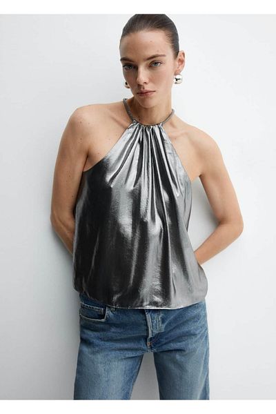 MANGO Woman Bluzka z metalowym twardym kołnierzem