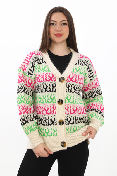 Kayaka triko Flame Patterned Oversize Buttoned Knitted Detailed Knitwear Card...