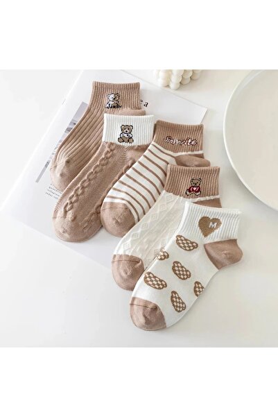 çorapmanya 5 Pairs Seamless Smiling Cute Bear with Heart Half Socks Printed Women's Socks