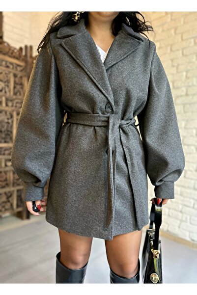 moneta boutique Women's Balloon Sleeve Belted Cashmere Coat