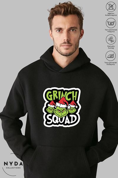 Nyda Collections Hanorac cu glugă unisex cu imprimeu de Crăciun de Anul Nou Grinch - mânecă lungă, raster, bumbac supradimensionat