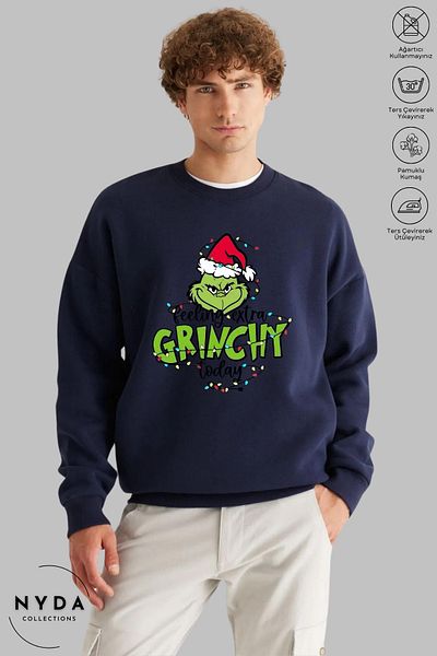 Nyda Collections Унисекс суитшърт с дълъг ръкав, коледен щампа Feel Grinch и кръгло деколте, без качулка и повдигнати елементи