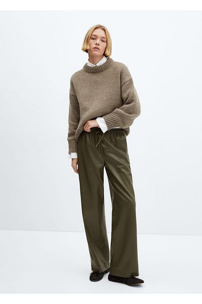 MANGO Woman Leather Look Elastic Waist Trousers