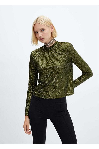 MANGO Woman Tricou cu guler cu paiete