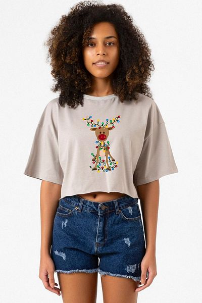 Tshirthane Adorable Reindeer Christmas Stone Color Women's Crop Hoodie