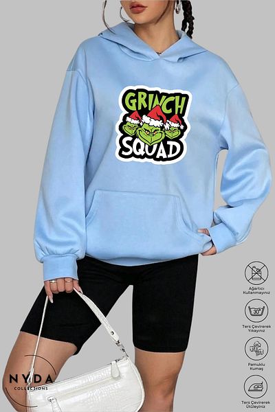 Nyda Collections Hanorac cu glugă unisex cu imprimeu de Crăciun de Anul Nou Grinch - mânecă lungă, raster, bumbac supradimensionat