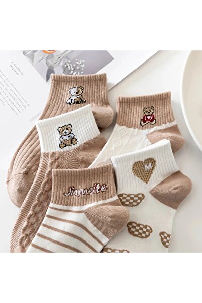 çorapmanya 5 Pairs Seamless Smiling Cute Bear with Heart Half Socks Printed Women's Socks