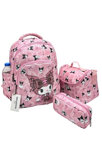 ms mixxstore Rucsac pentru școală primară pentru fete cu model de caractere pudră, cu alimentare din folie și suport pentru stilou