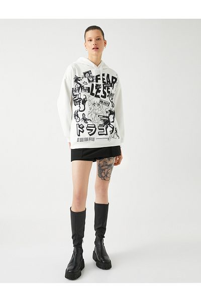 Koton Oversize Anime Sweatshirt Hooded Back Printed