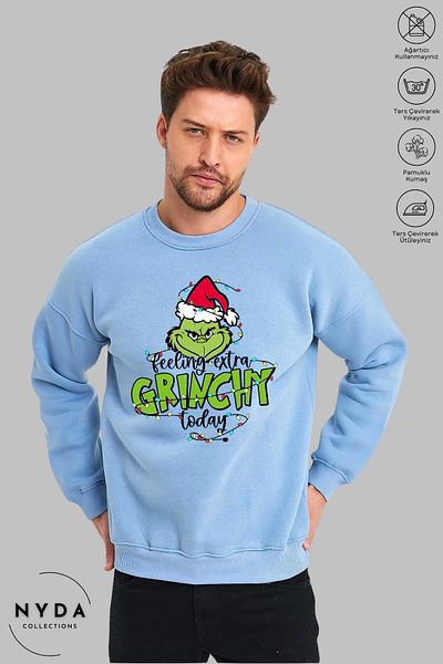 Nyda Collections Hanorac oversize unisex cu mânecă lungă Feel Grinch, cu imprimeu de Anul Nou, cu gâtul turn, fără glugă