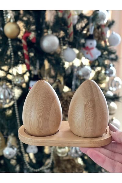 MİMOZA PARK Egg Shaped Salt Shaker with 2 Bamboo Stands