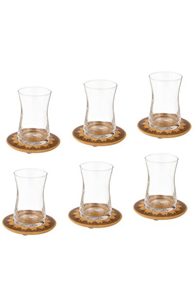 Dania طقم شاي مكون من 6 فناجين شاي زجاجية شفافة و6 صحون خشبية بنقوش عصرية مميزة