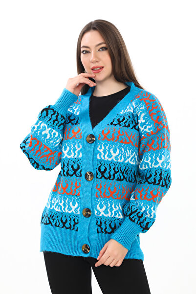 Kayaka triko Flame Patterned Oversize Buttoned Knitted Detailed Knitwear Card...