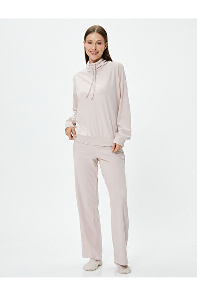 Koton Boğazlı Bağlamalı Pijama Üst Kaşkorse Yumuşak Dokulu Uzun Kollu