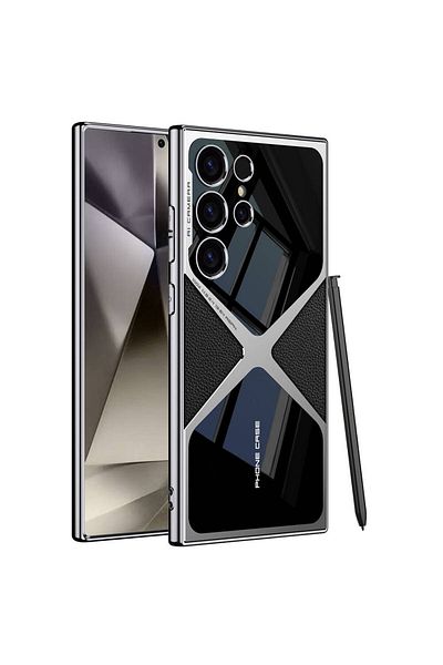 HTstore حافظة Galaxy متوافقة مع S24 Ultra رفيعة للغاية مع حماية للكاميرا PC + غطاء خلفي من الجلد Zore X-Pro