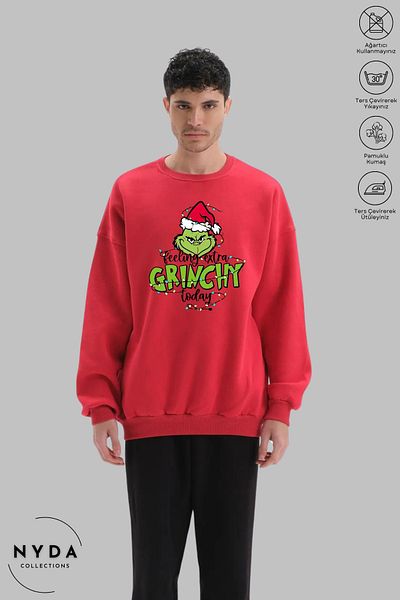 Nyda Collections Унисекс суитшърт с дълъг ръкав, коледен щампа Feel Grinch и кръгло деколте, без качулка и повдигнати елементи
